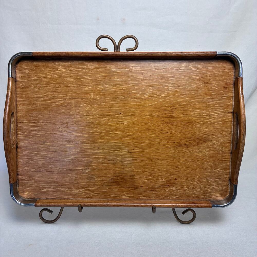 Vintage Occupied Japan MCM Oak Wood Serving Tray Metal Chrome Corners Handles